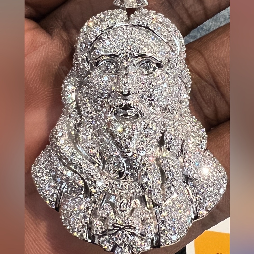 Stunning 925 Sterling Silver Rhodium 45MM Moissanite Jesus Face Pendant